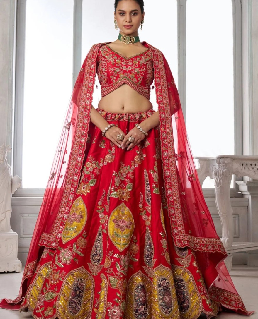 RED - Embroidered, Patch Border, Sequins and Zari Work Silk Lehenga Choli In Red for Engagement